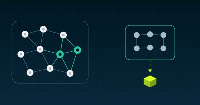 Ilustración que compara dos modelos: ingenieros nuevos que se integran a la red de un equipo y un equipo externo que entrega un paquete terminado